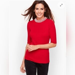 Talbots Red Jeweled Crewneck Short-Sleeve Sweater